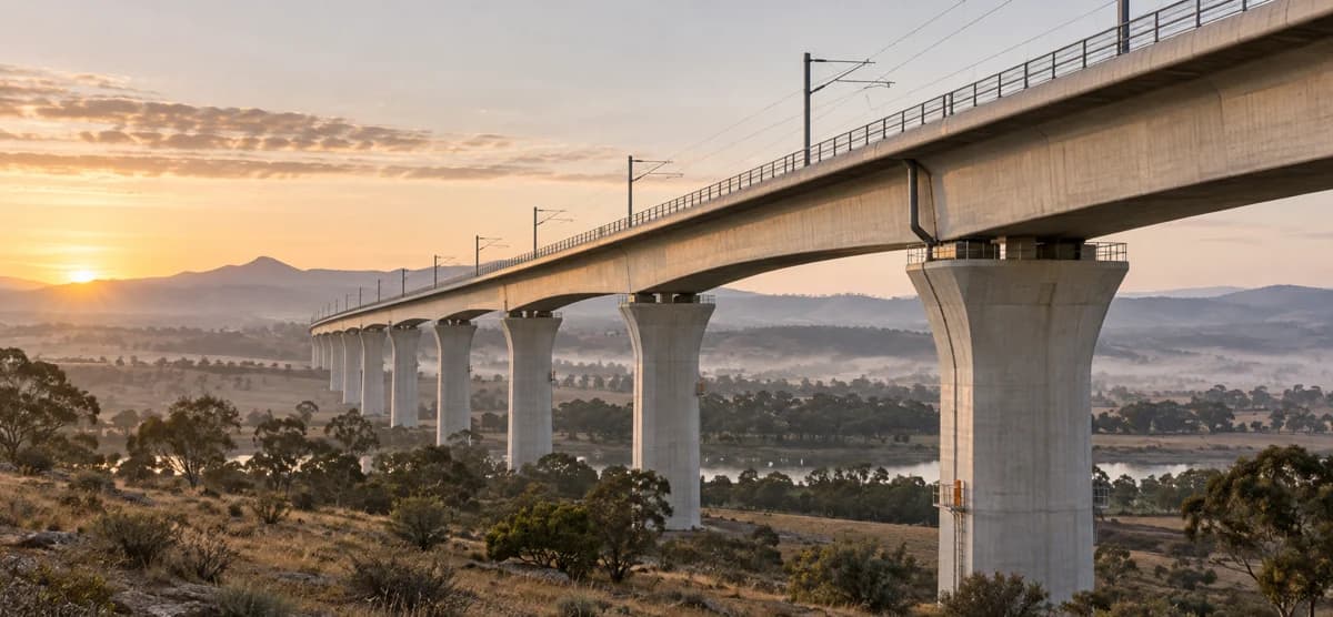 Conceptual rail viaduct in a landscape at dawn