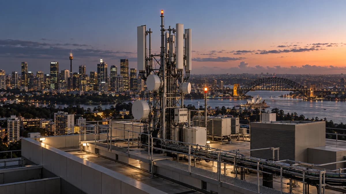 Conceptual telecommunications rooftop at blue hour