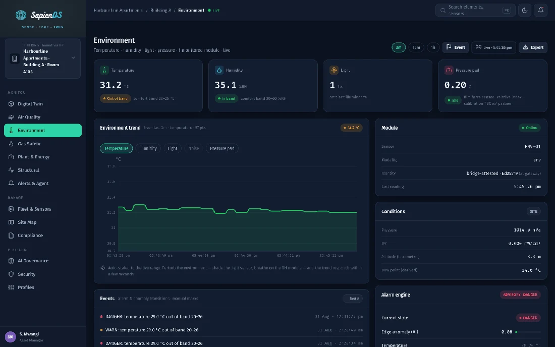 SapienOS environment console showing sensor readings and comfort bands